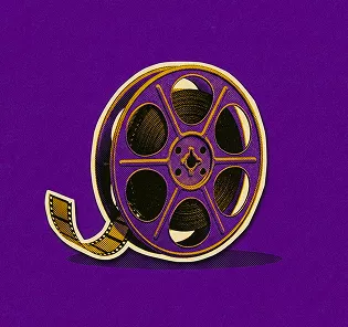 Vintage golden film reel with purple spokes and a strip of film, representing cinema and entertainment