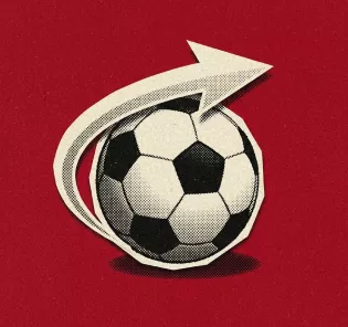 Black and white soccer ball with a curved arrow swooping around it on a red background, representing sports and football