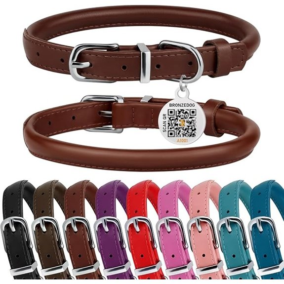 Rolled Leather Dog Collar QR Tag Anti-Tangle (M 14-16 Chocolate Brown)