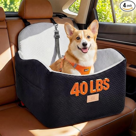 Dog Car Seat Booster for Medium/Small Dogs 40 lb Waterproof 3 Pockets Safety Belt (Black/Grey)
