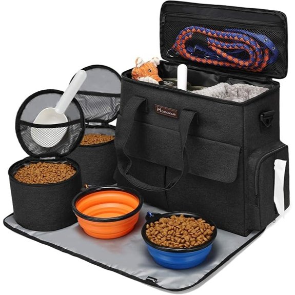 Modoker Weekend Dog Travel Bag Set with 2 Food Bags 2 Bowls and Mat Black