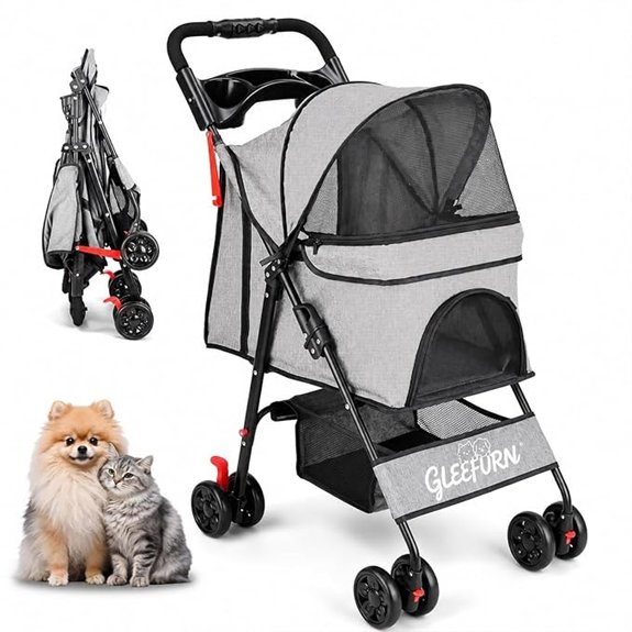 Foldable 4-Wheel Dog & Cat Stroller with Basket