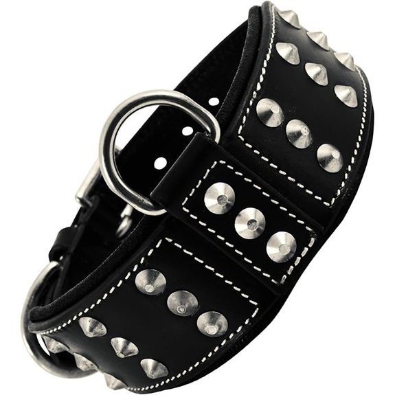 Genuine Leather Studded Dog Collar for Large Dog Cushion Padding Black