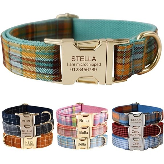 Custom Dog Collar with Metal Buckle Personalized Name and Phone (Plaid)