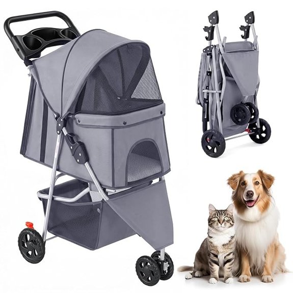 3-Wheel Pet Stroller with Storage and Cup Holders