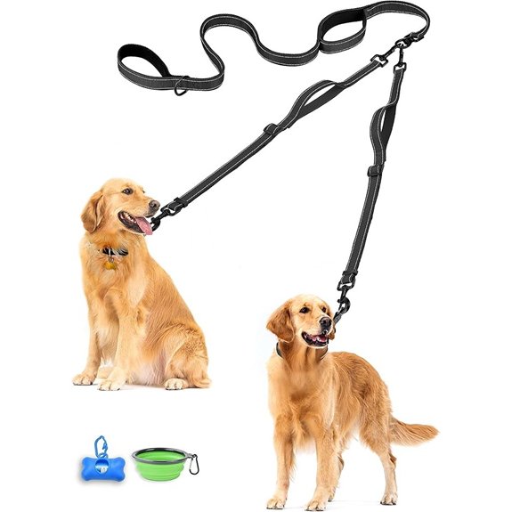 PetBonus Double Dog Leash with Reflective Handles and Bowl