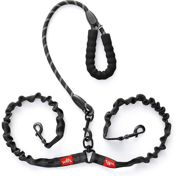 Double Dog Leash with 360° Swivel Reflective Bungee Padded Handle
