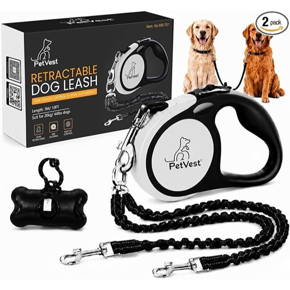 Dual Retractable Dog Leash 10FT Two Dogs One-Button Brake Swivel Handle Poop Bag Holder (Grey)