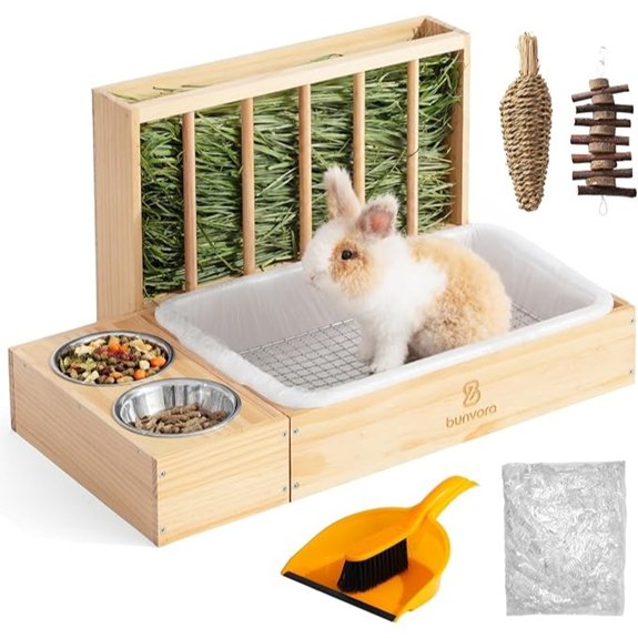Wooden Rabbit Hay Feeder with Litter Box & Bowls 3-in-1 Rabbit Station