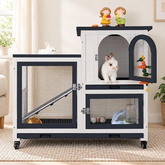 2-Story Rabbit Hutch Indoor Outdoor Bunny Cage with Solid Wood Roof