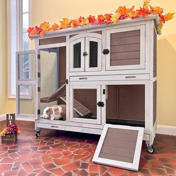 Rabbit Hutch Indoor Wooden Cage with Wheels Ramp and Sliding Trays