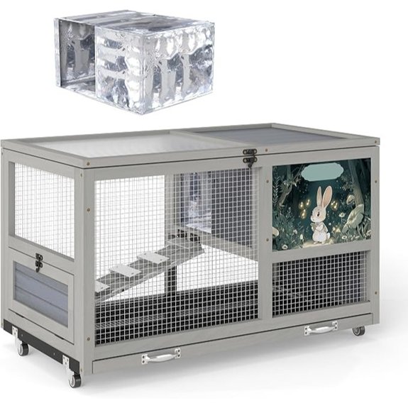 Insulated Wooden Rabbit Cage w/Warm Layer Weatherproof Bunny Hutch w/Wheels