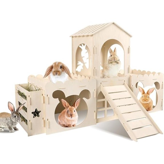 Extra Large Wooden Rabbit Castle with Ramp and Hay Feeder