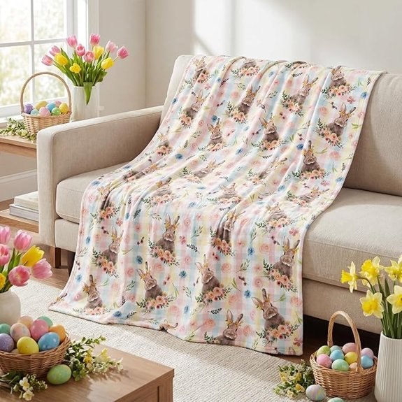 Horaldaily Easter Plaid Rabbit Flowers Pink Flannel Throw Blanket 50x60