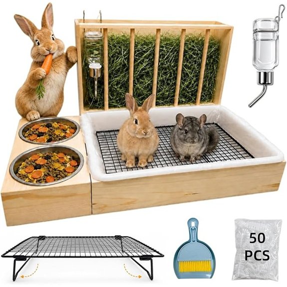 Solid Wood Rabbit Hay Feeder Station with Litter Box