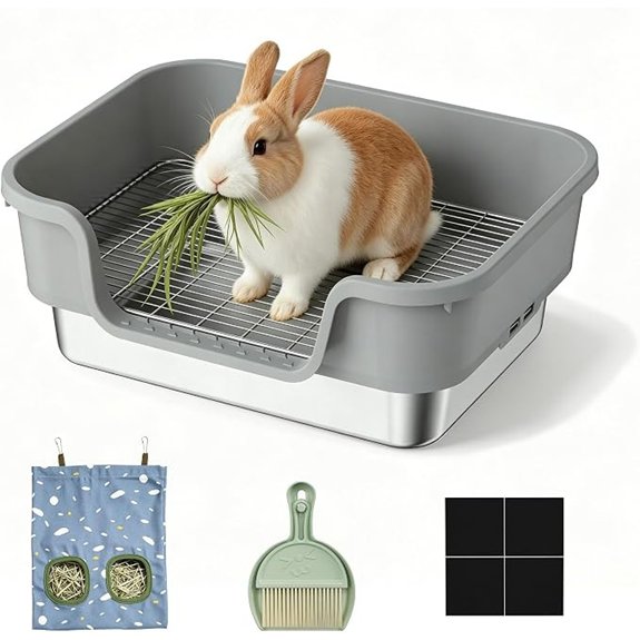 Bunny Litter Box - Stainless Steel Rabbit Litter Box with Hay Feeder