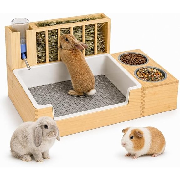 Rabbit Litter Box with Hay Feeder Thick Wood Waterproof Bunny Toilet