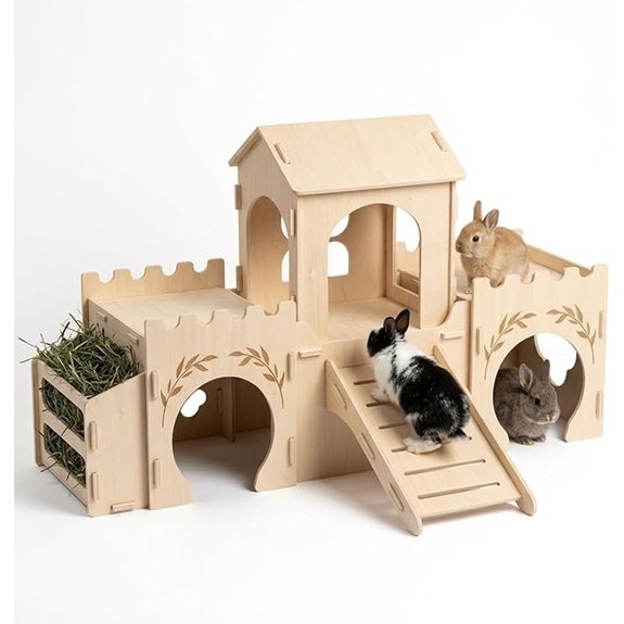 2-Level Wooden Rabbit Castle with Ramp and Hay Feeder